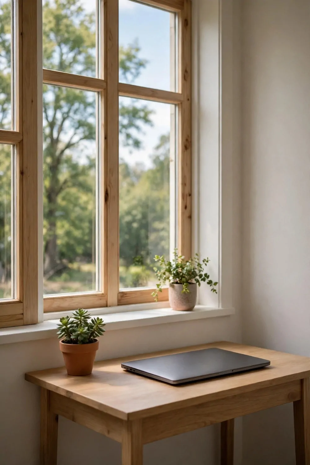 18 Cozy Office Room Ideas for Calm, Comfy Days 7 A small desk by a bright window with a view of trees and sky, laptop closed, a small plant on the sill, soft daylight