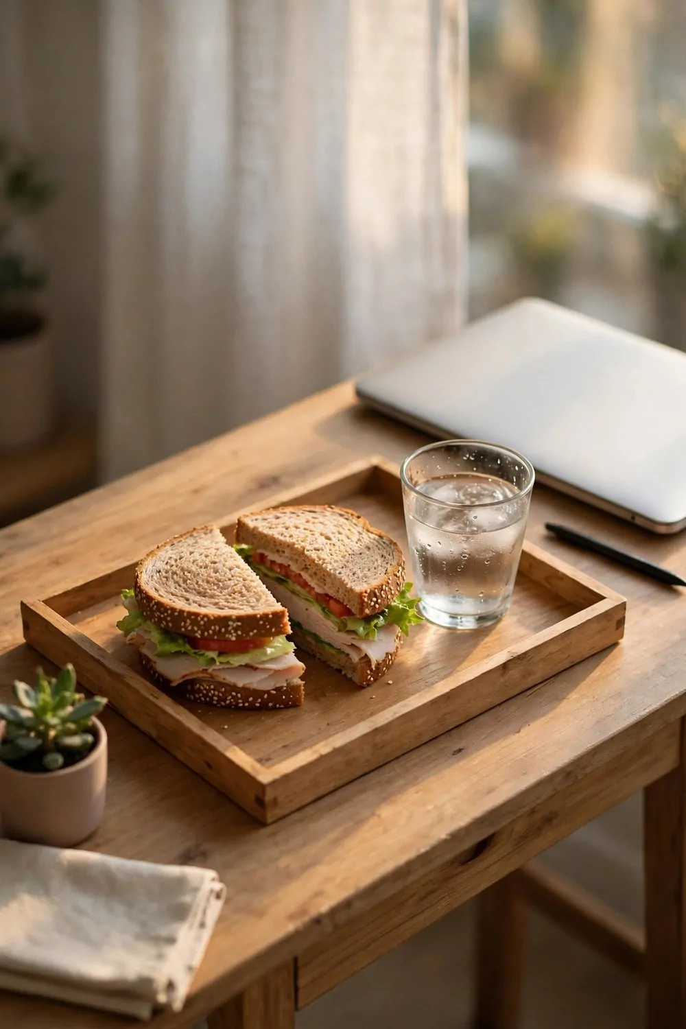 18 Cozy Office Room Ideas for Calm, Comfy Days 8 A simple lunch tray with a sandwich and a glass of water on a small home office desk, laptop pushed aside, calm afternoon light