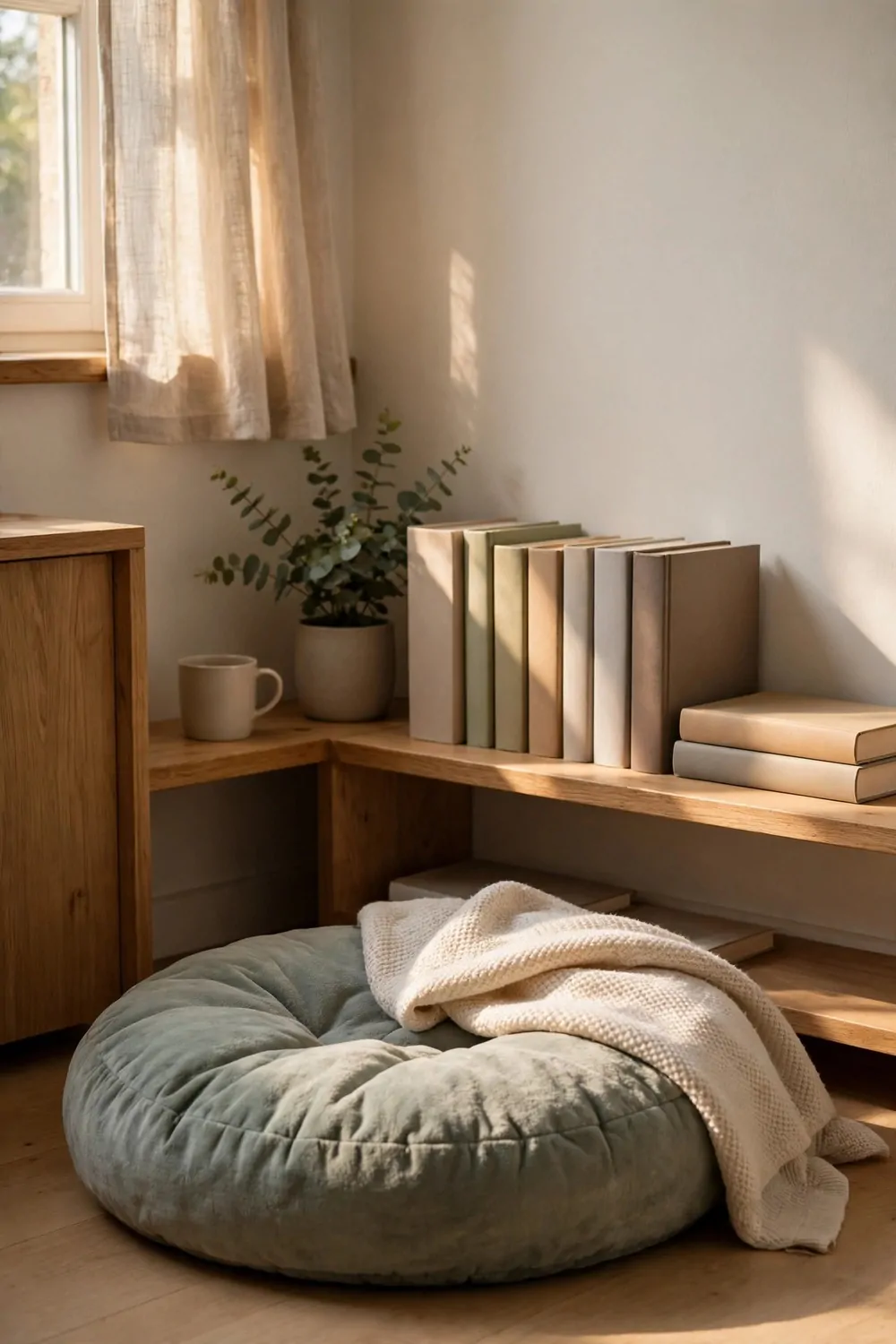 18 Cozy Office Room Ideas for Calm, Comfy Days 9 A quiet corner of a home office with a soft cushion on the floor and a small blanket, a low shelf with books, afternoon light