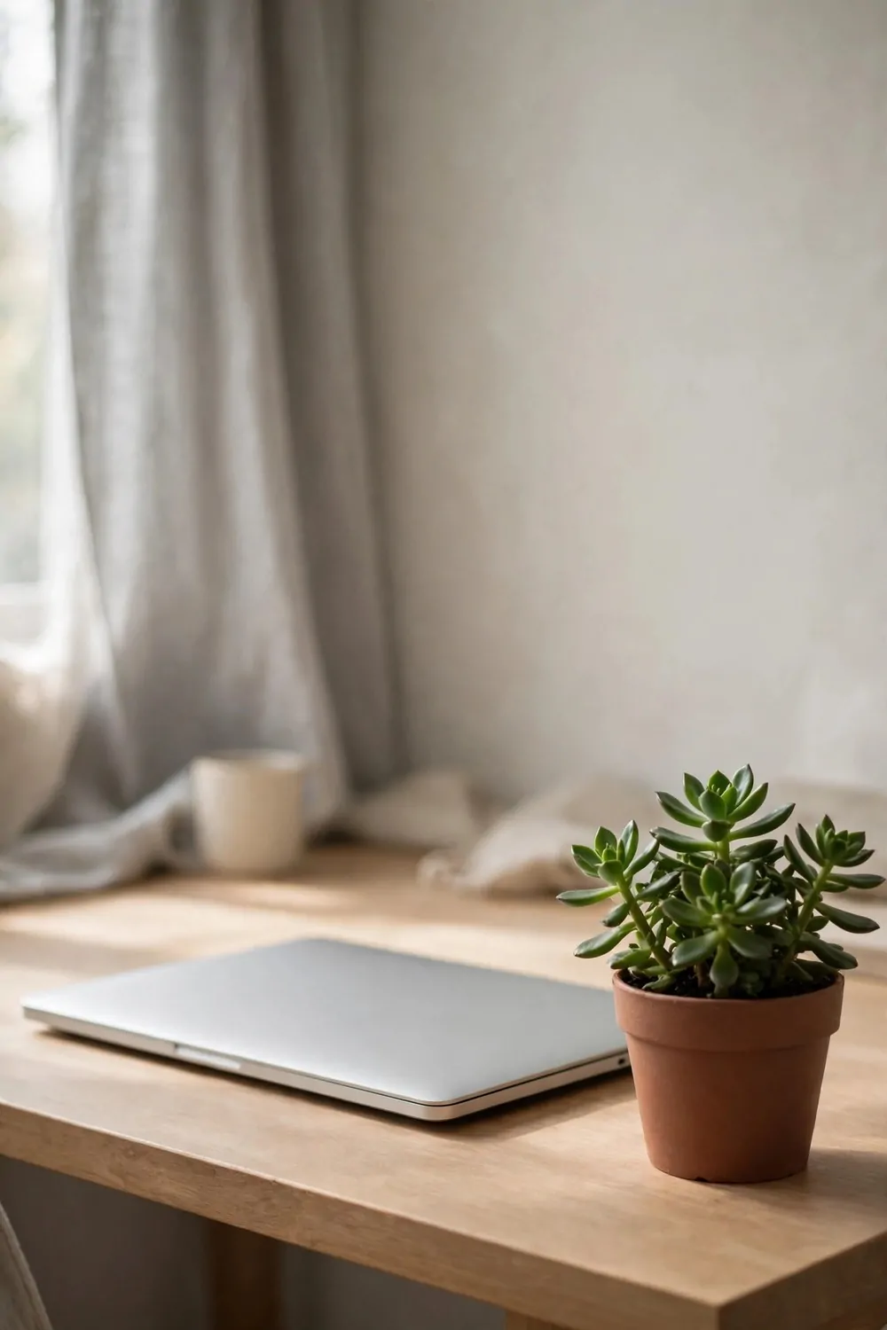 18 Cozy Office Room Ideas for Calm, Comfy Days 10 A small green plant in a pot on the corner of a home office desk beside a laptop, soft light, calm room