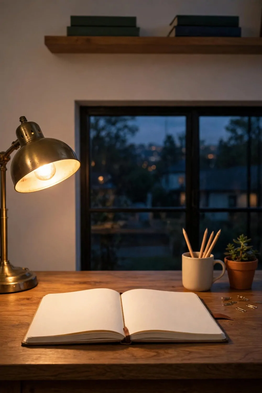 18 Cozy Office Room Ideas for Calm, Comfy Days 11 A warm glowing desk lamp in a home office at dusk, soft golden light on a desk with a notebook, window darkening outside