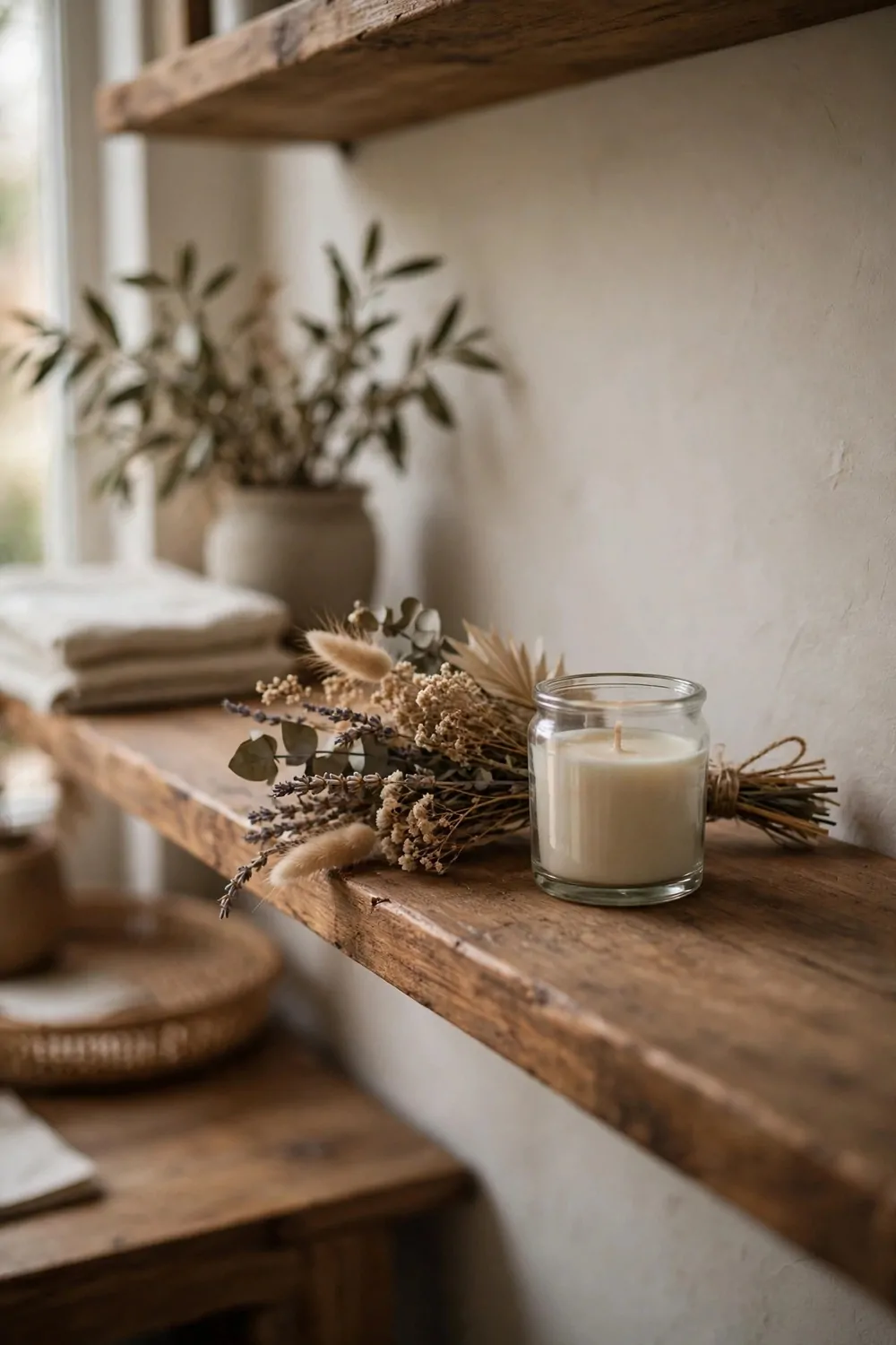 18 Cozy Office Room Ideas for Calm, Comfy Days 12 A small candle in a glass jar on a wooden shelf in a cozy home office, unlit, dried flowers beside it, soft light