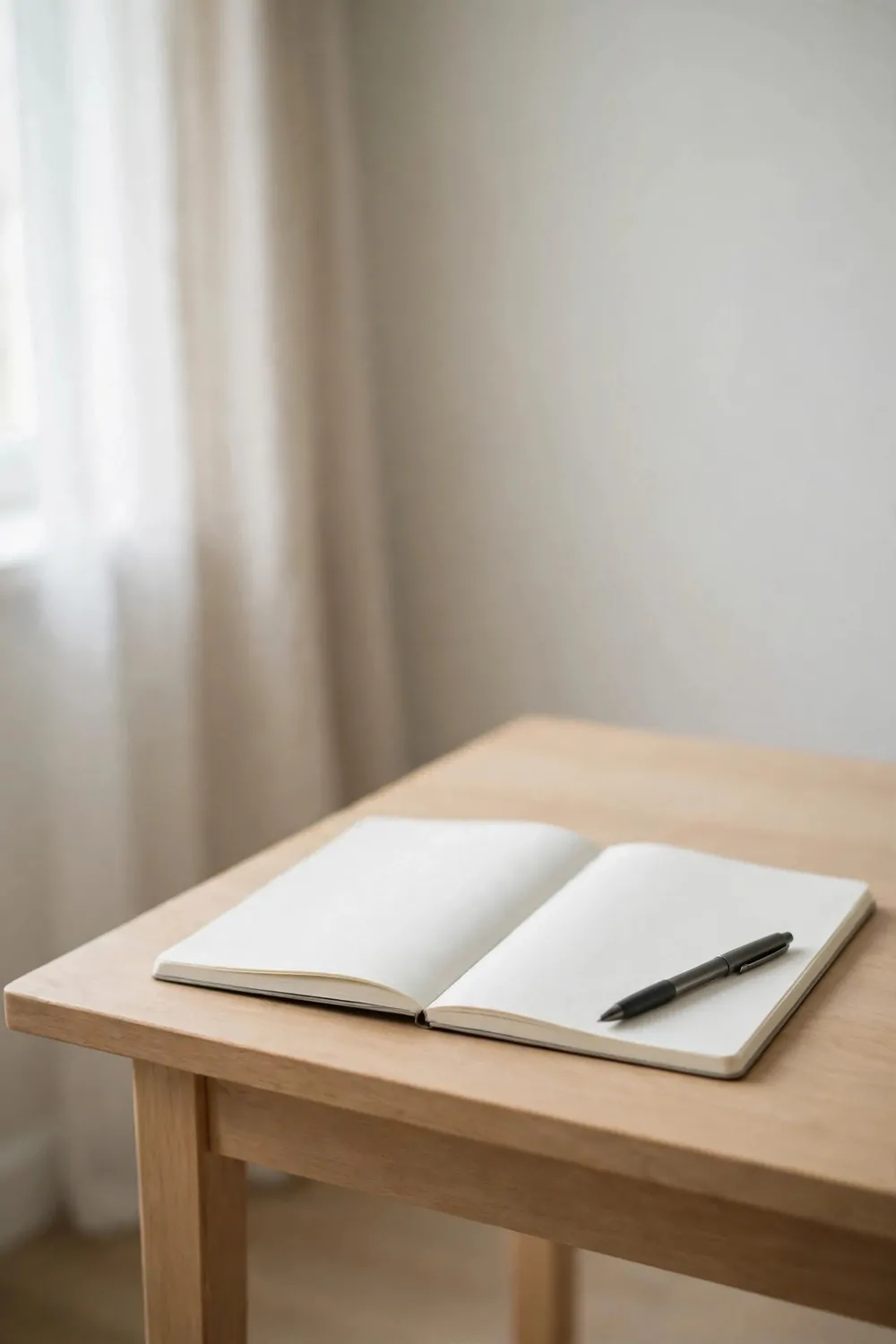 18 Cozy Office Room Ideas for Calm, Comfy Days 13 A small home office desk with one single notebook and one pen on it, everything else clear, soft light, calm room