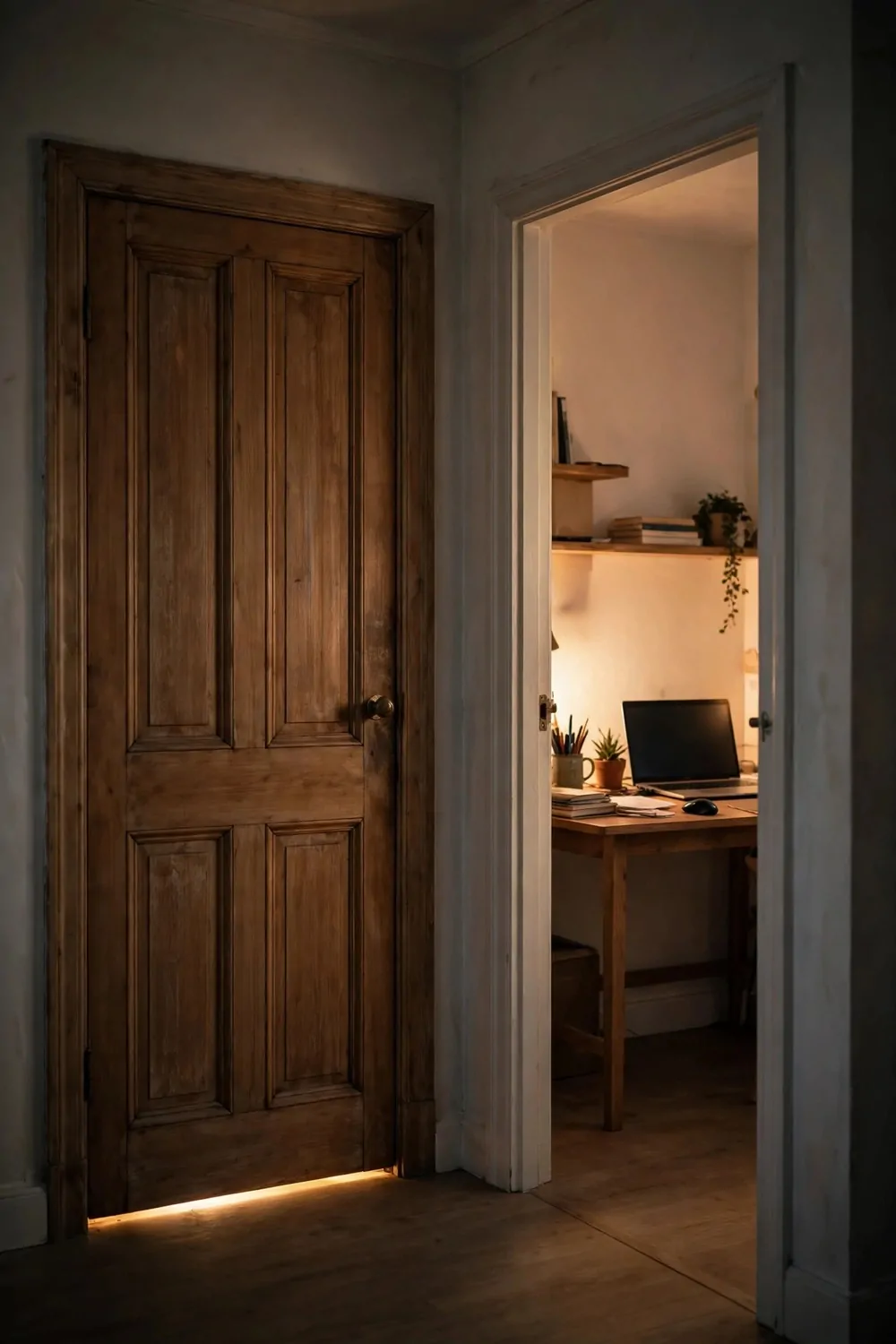18 Cozy Office Room Ideas for Calm, Comfy Days 14 A closed wooden door of a small home office with a desk and laptop inside, a small sign-free door, warm light under the door gap