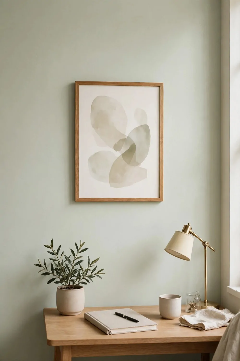 18 Cozy Office Room Ideas for Calm, Comfy Days 15 A home office wall painted in a soft pale sage colour with a small desk below it, one framed picture, calm light