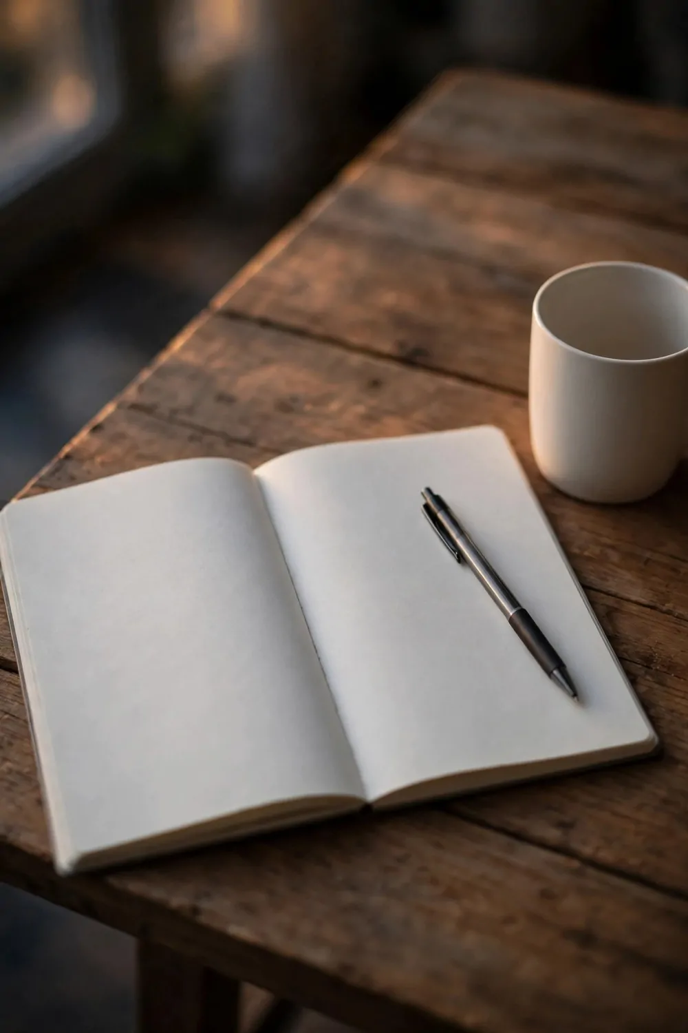 18 Cozy Office Room Ideas for Calm, Comfy Days 16 An open paper notebook with a pen resting on it on a wooden desk, soft evening light, a mug beside it