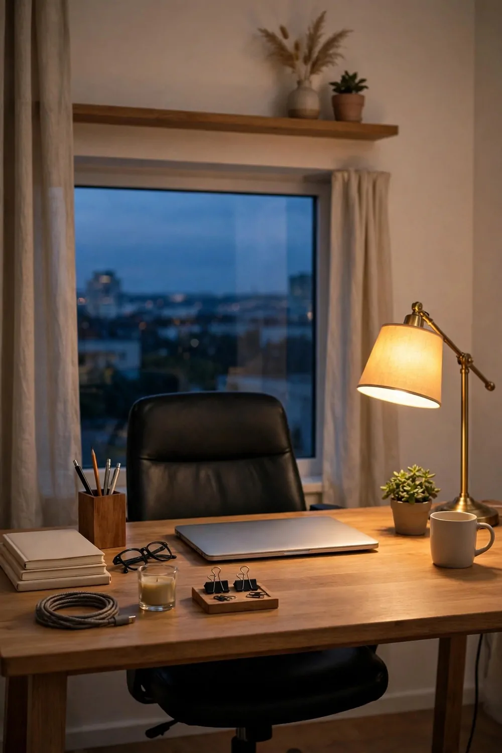 18 Cozy Office Room Ideas for Calm, Comfy Days 17 A tidy home office desk at dusk with everything in place, laptop closed, lamp glowing warm, chair pushed in