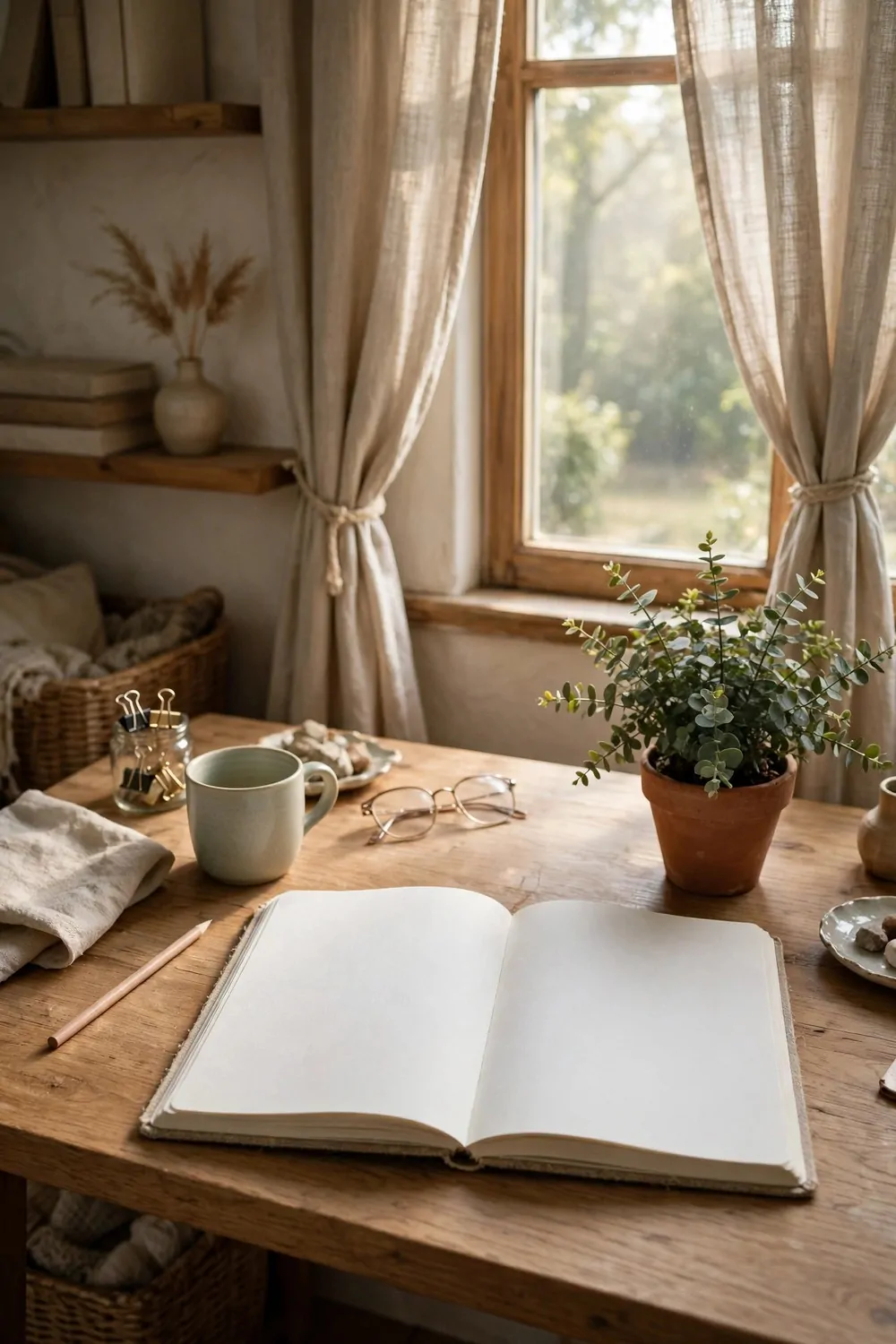18 Cozy Office Room Ideas for Calm, Comfy Days 18 A cozy home office in soft morning light with the desk ready for a new day, notebook open, plant on the desk, curtains half open