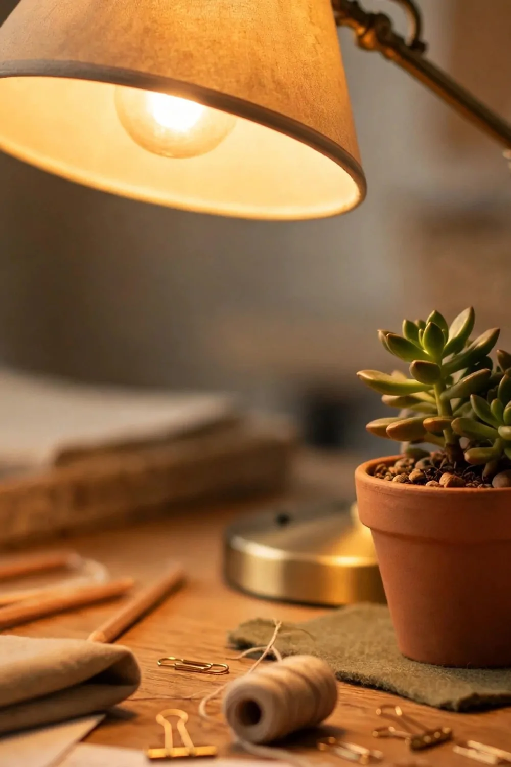 18 Cozy Office Space at Work Ideas That Boost Your Mood 1 A warm desk lamp glowing on a small office desk at work, soft light, a happy workspace
