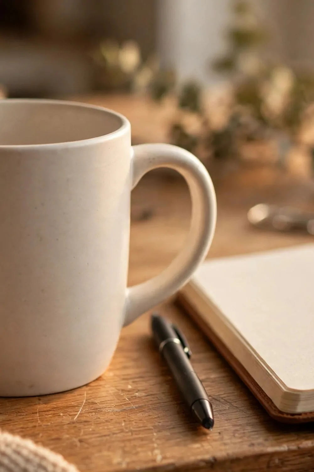 18 Cozy Office Space at Work Ideas That Boost Your Mood 2 A favourite ceramic mug on an office desk at work, warm light, cozy desk