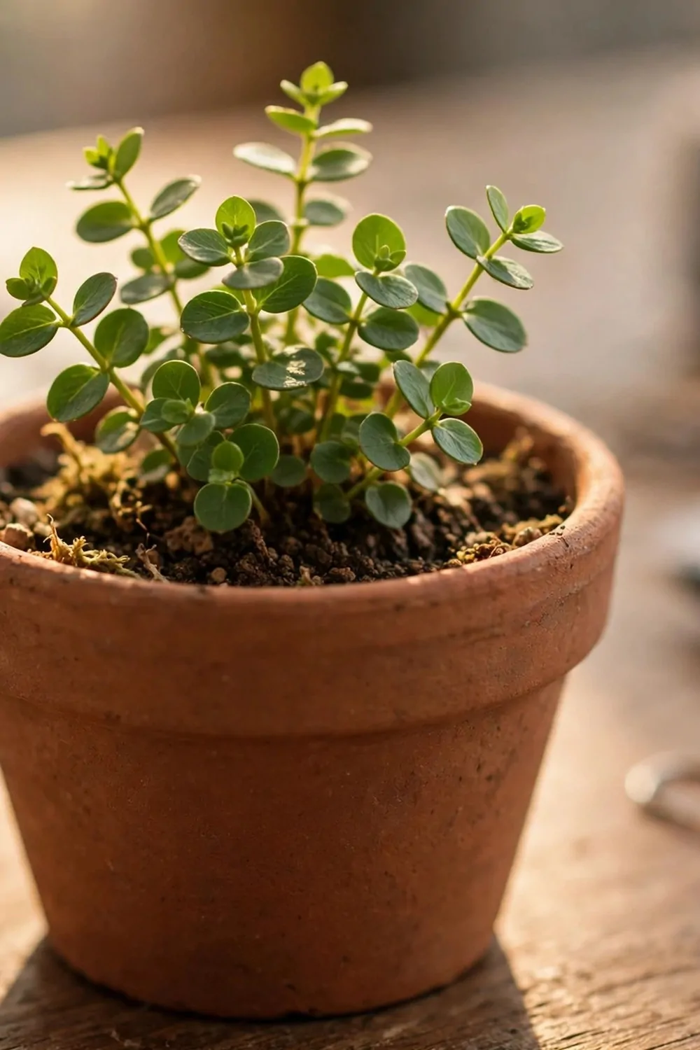 18 Cozy Office Space at Work Ideas That Boost Your Mood 3 A small green plant in a clay pot on an office desk at work, warm light