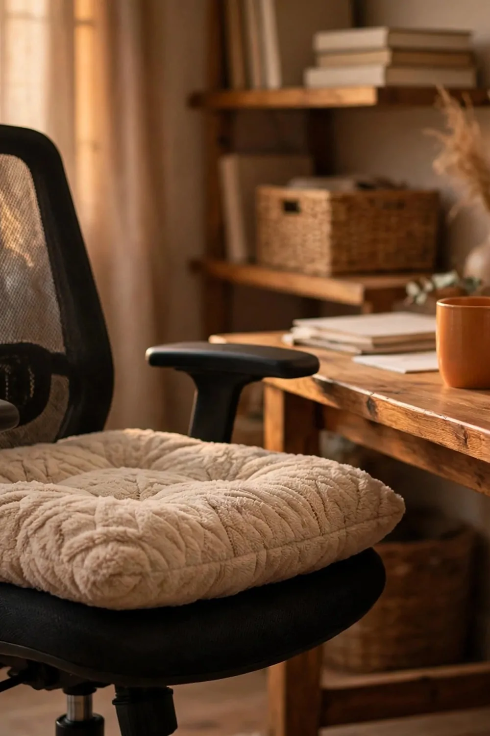 18 Cozy Office Space at Work Ideas That Boost Your Mood 4 A soft cushion on an office chair at work, warm light, cozy desk