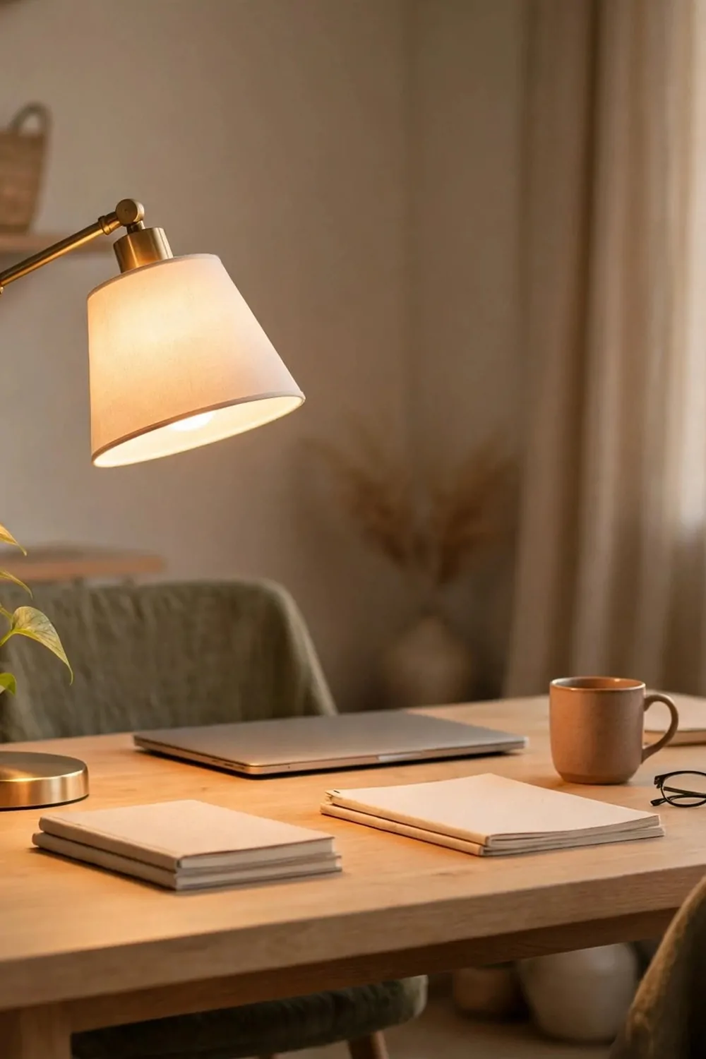 18 Cozy Office Space at Work Ideas That Boost Your Mood 5 Soft warm light in an office at work, no harsh overhead light, calm bright desk