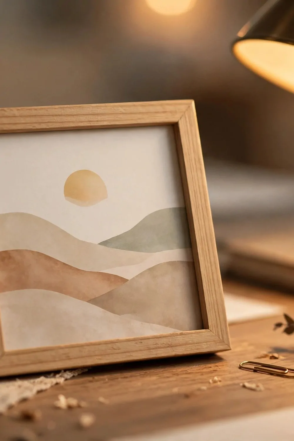 18 Cozy Office Space at Work Ideas That Boost Your Mood 6 A small framed photo on an office desk at work, warm lamp light