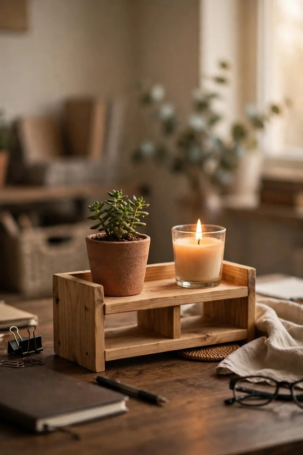 18 Cozy Office Space at Work Ideas That Boost Your Mood 7 A little wooden shelf with a small plant and a candle on an office desk at work, warm light