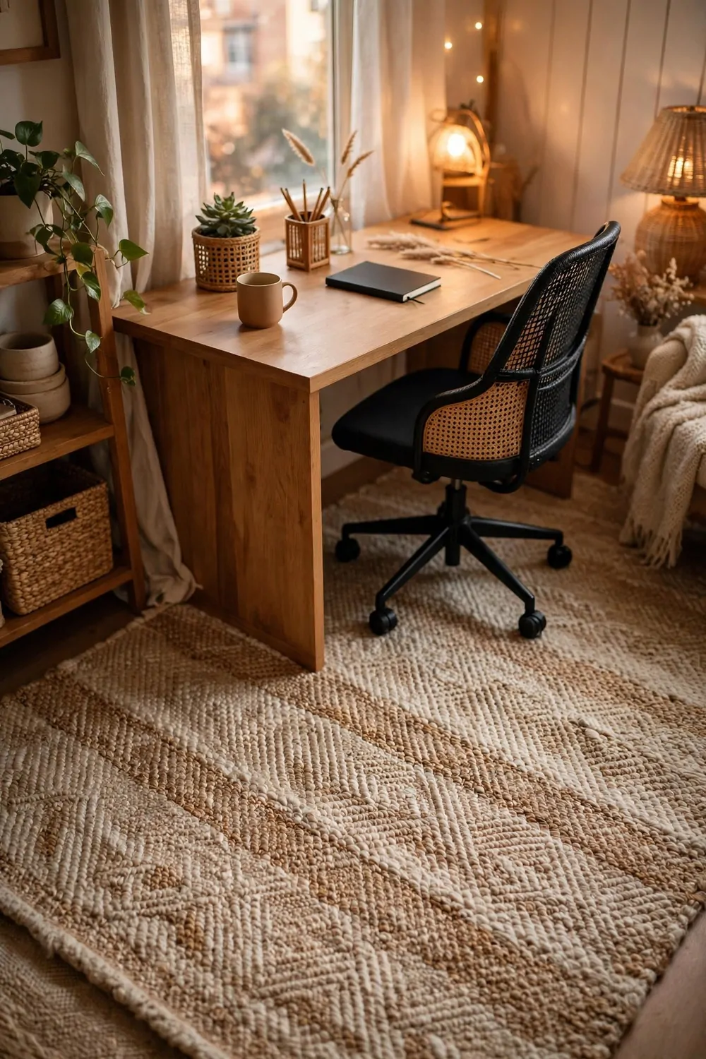 18 Cozy Office Space at Work Ideas That Boost Your Mood 8 A soft woven rug under an office desk and chair at work, warm light