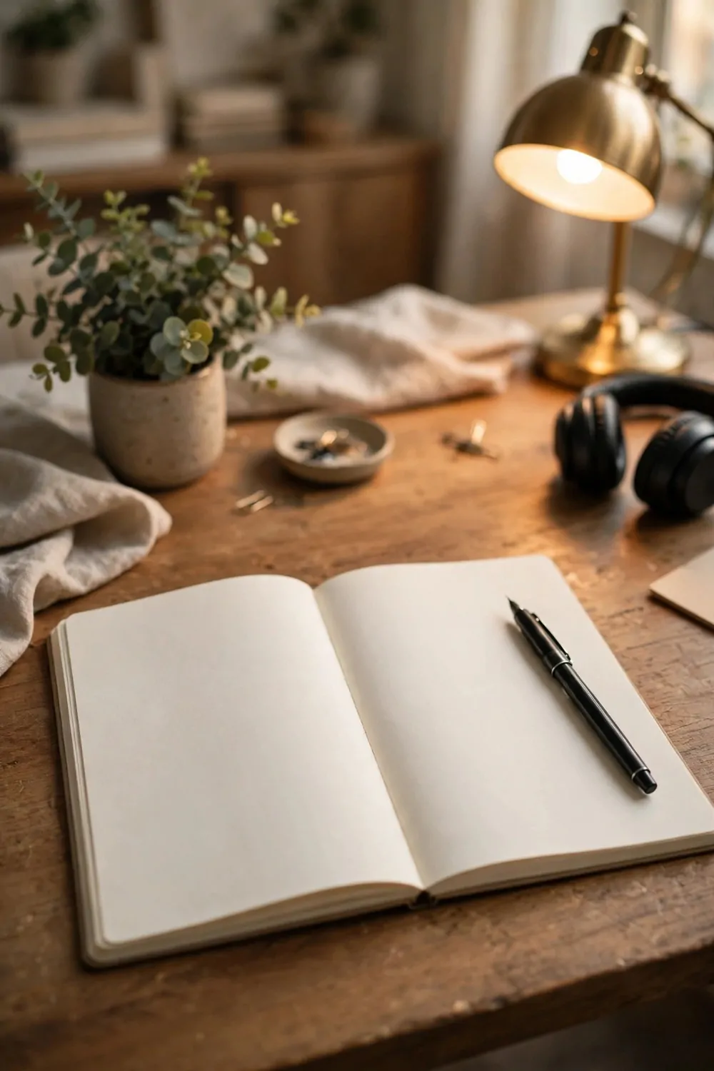 18 Cozy Office Space at Work Ideas That Boost Your Mood 9 An open notebook and pen on an office desk at work, warm light, calm workspace