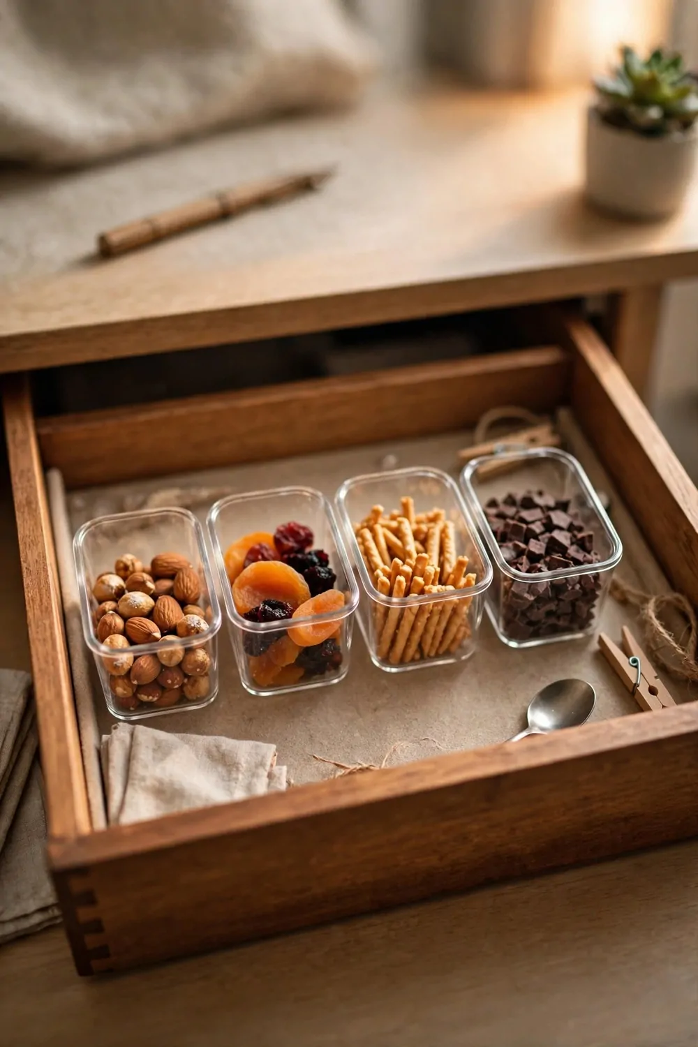 18 Cozy Office Space at Work Ideas That Boost Your Mood 10 A tidy desk drawer with small snacks at work, warm light, cozy office