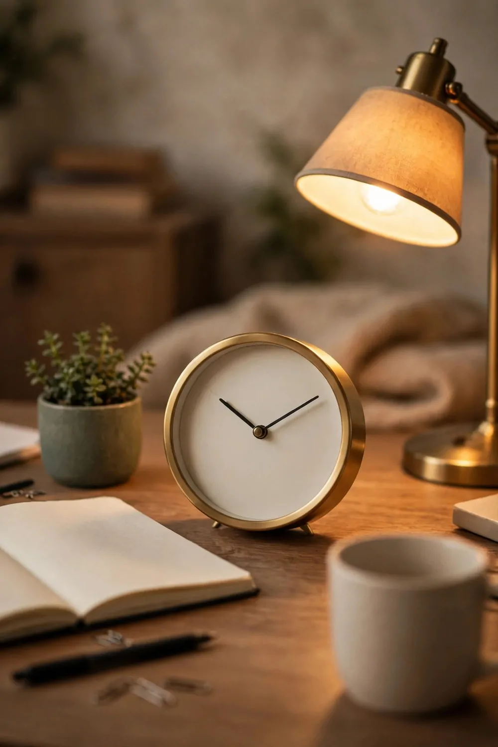 18 Cozy Office Space at Work Ideas That Boost Your Mood 11 A small round clock on an office desk at work, warm lamp light
