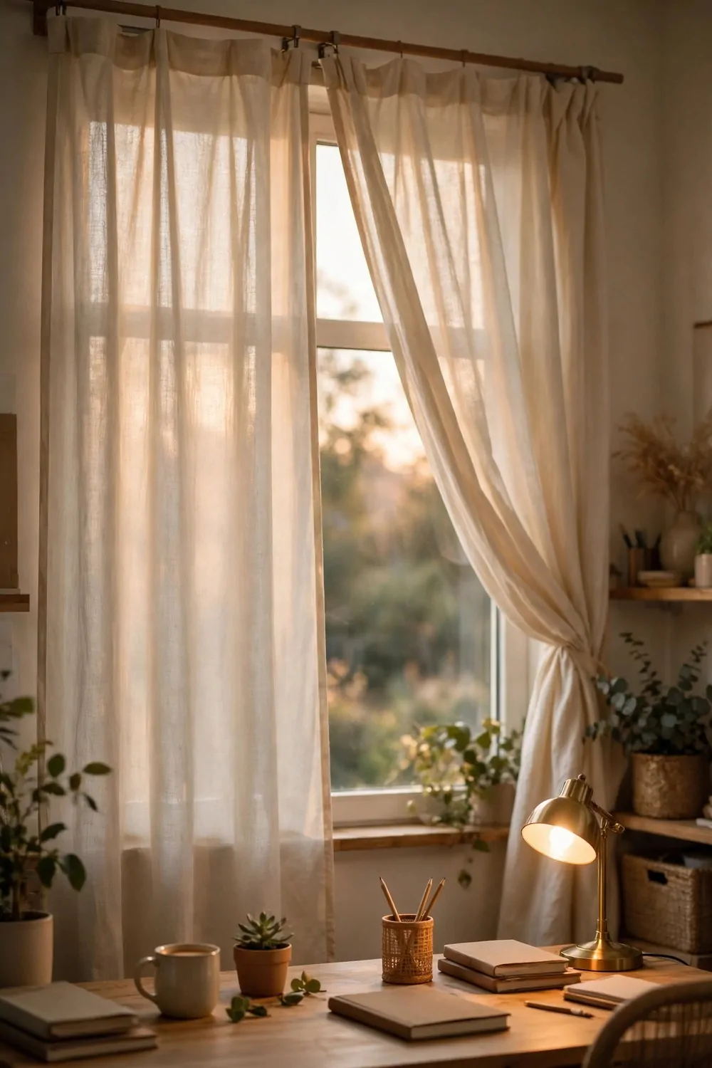 18 Cozy Office Space at Work Ideas That Boost Your Mood 12 Soft cream curtains half closed over an office window at work, warm light