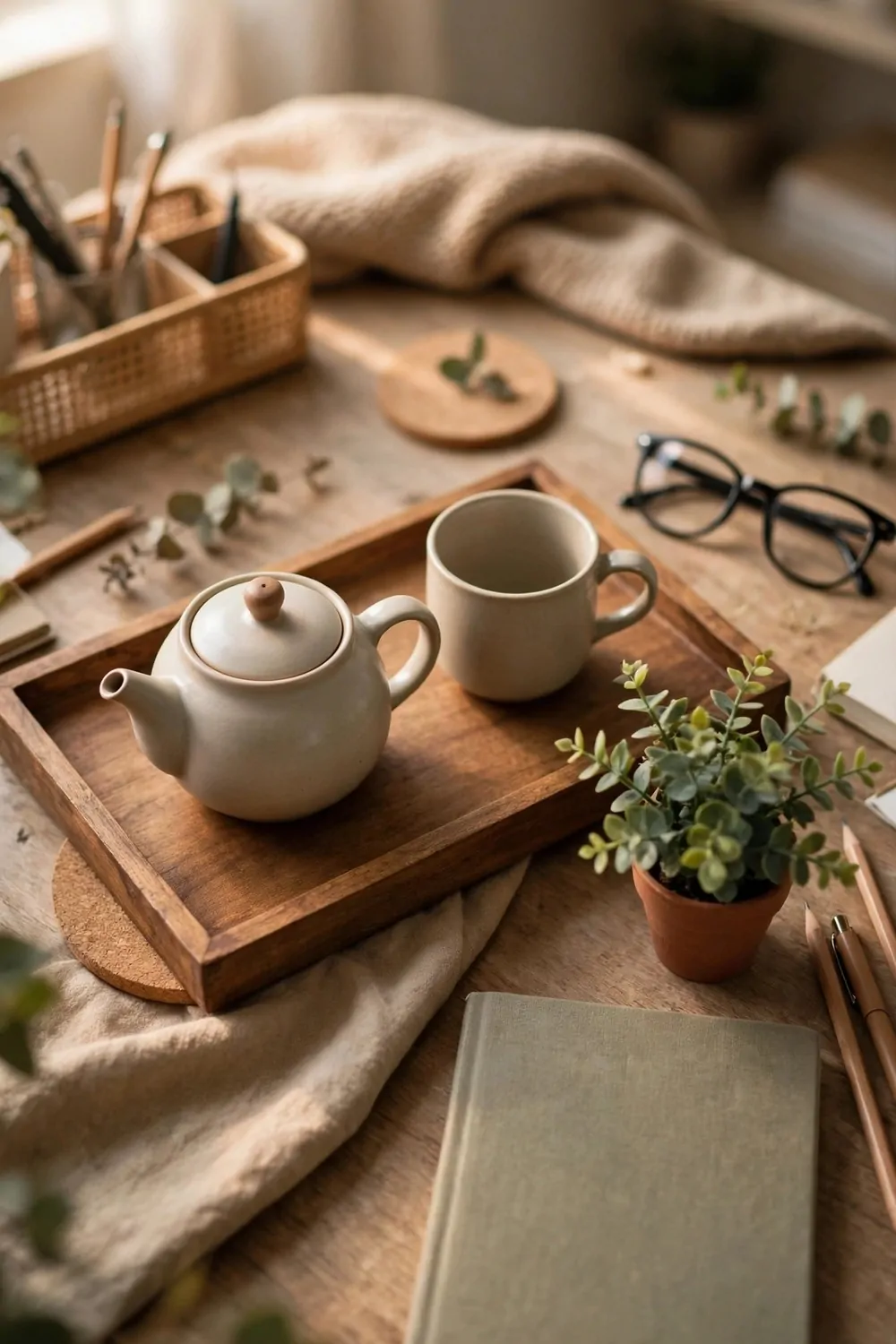18 Cozy Office Space at Work Ideas That Boost Your Mood 13 A wooden tray with a teapot and mug on an office desk at work, soft light