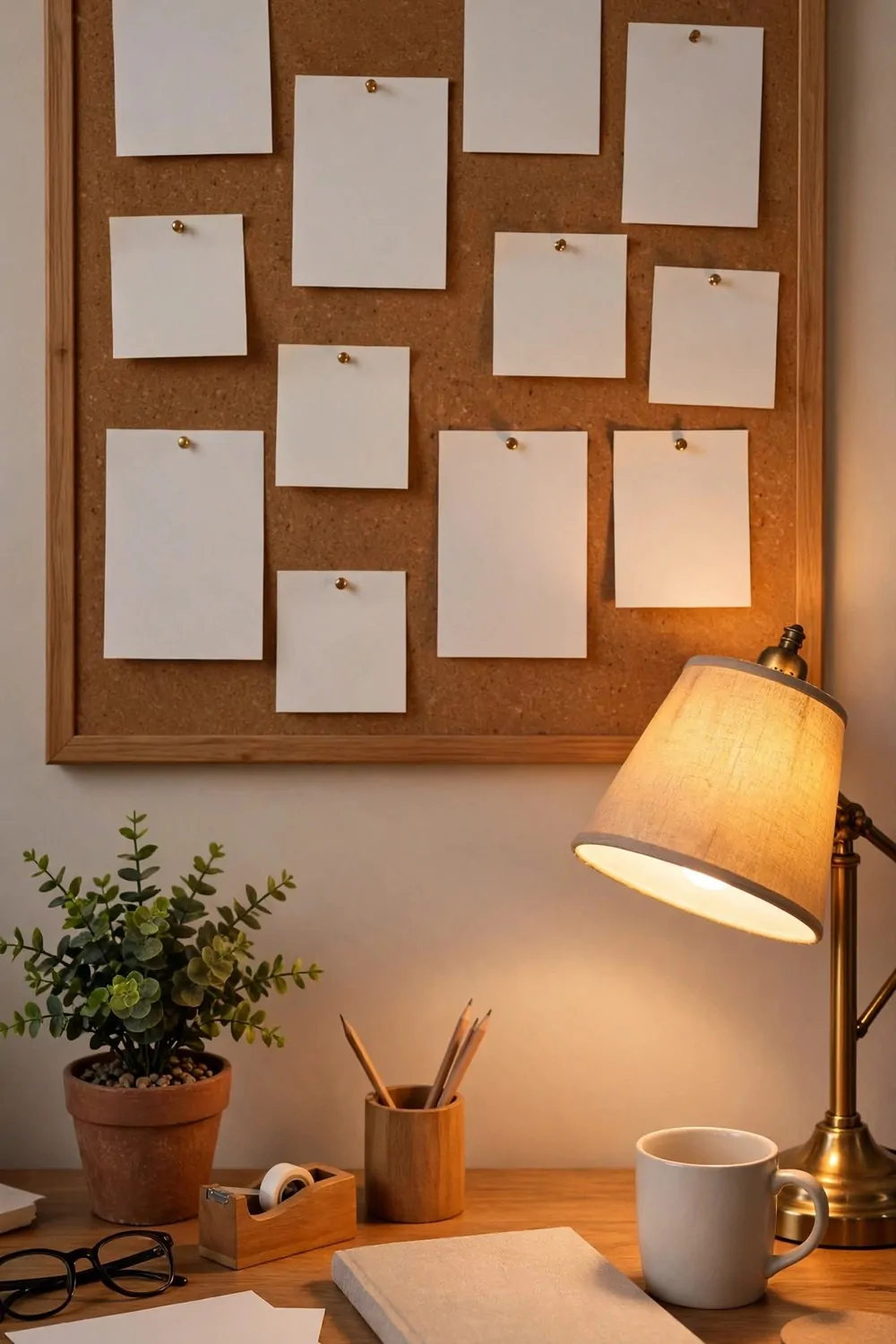 18 Cozy Office Space at Work Ideas That Boost Your Mood 14 A pin board with photos and kind notes above an office desk at work, warm light