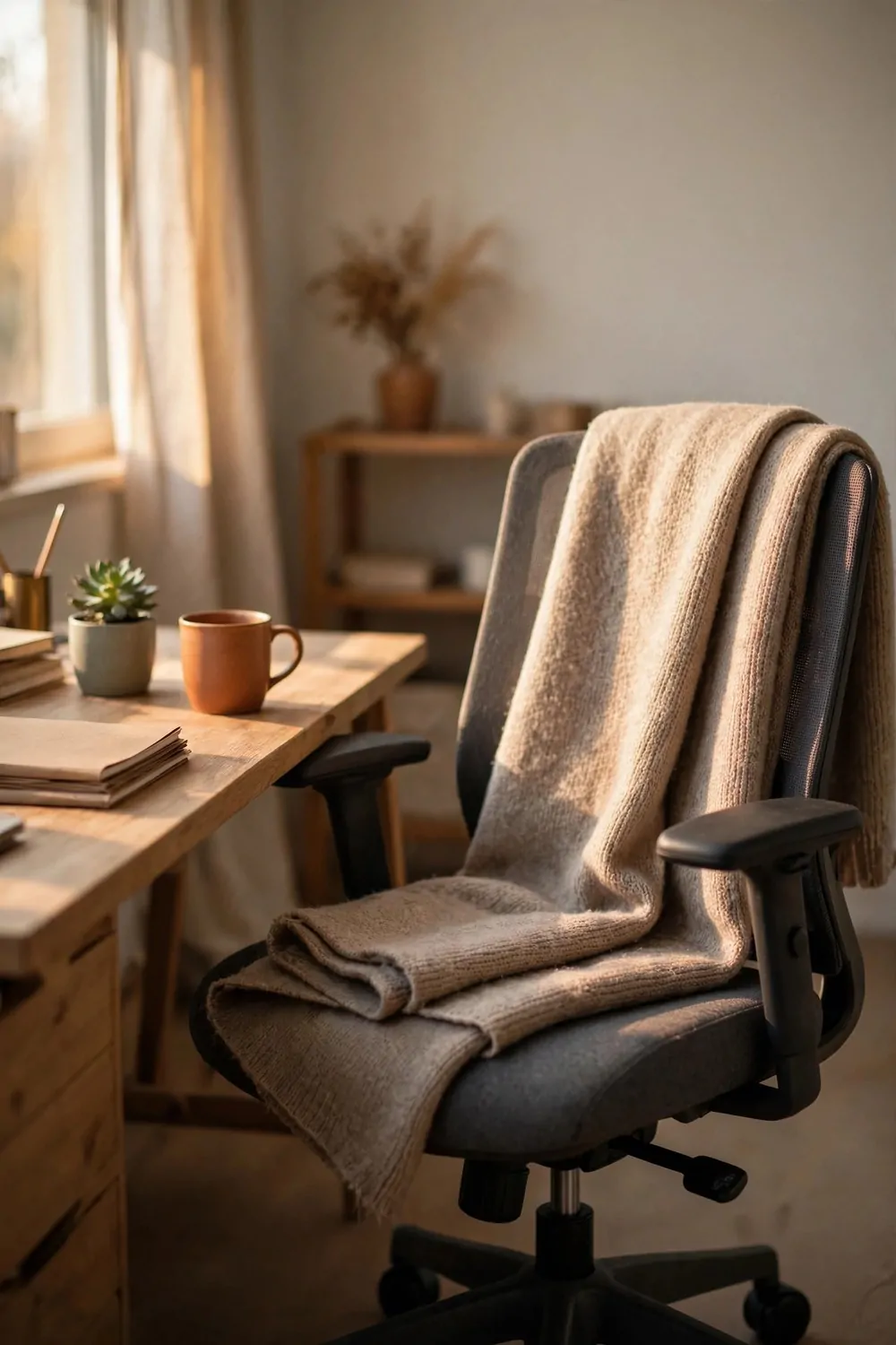 18 Cozy Office Space at Work Ideas That Boost Your Mood 15 A soft folded throw blanket on an office chair at work, warm light, cozy desk