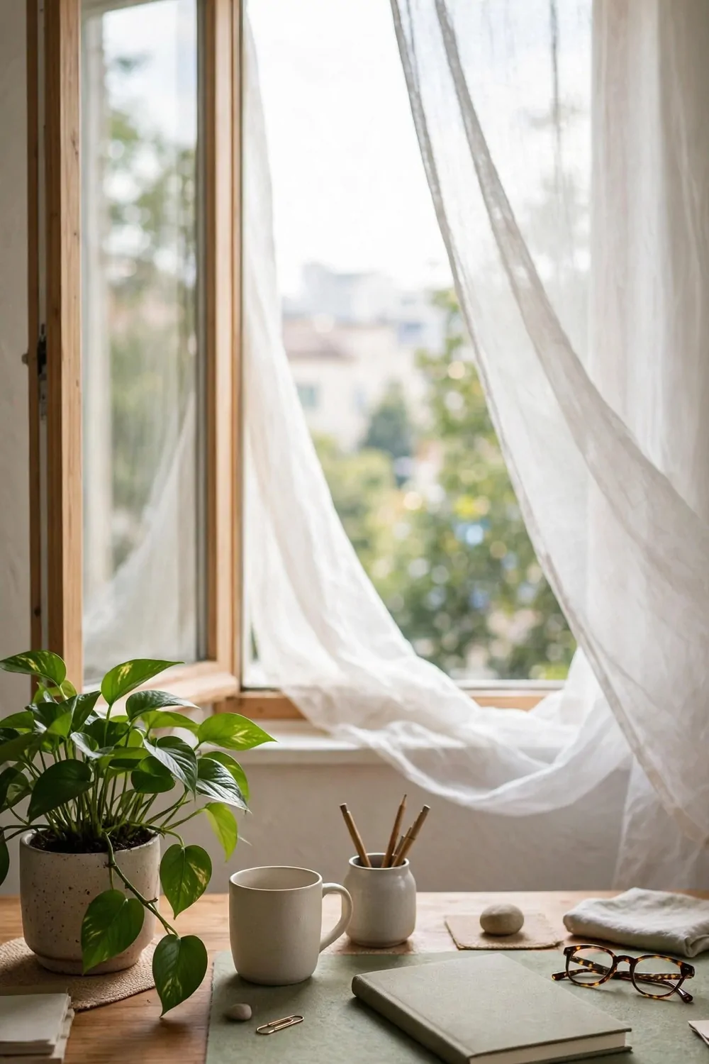 18 Cozy Office Space at Work Ideas That Boost Your Mood 16 Fresh air at an office desk at work, open window, soft light, green plant