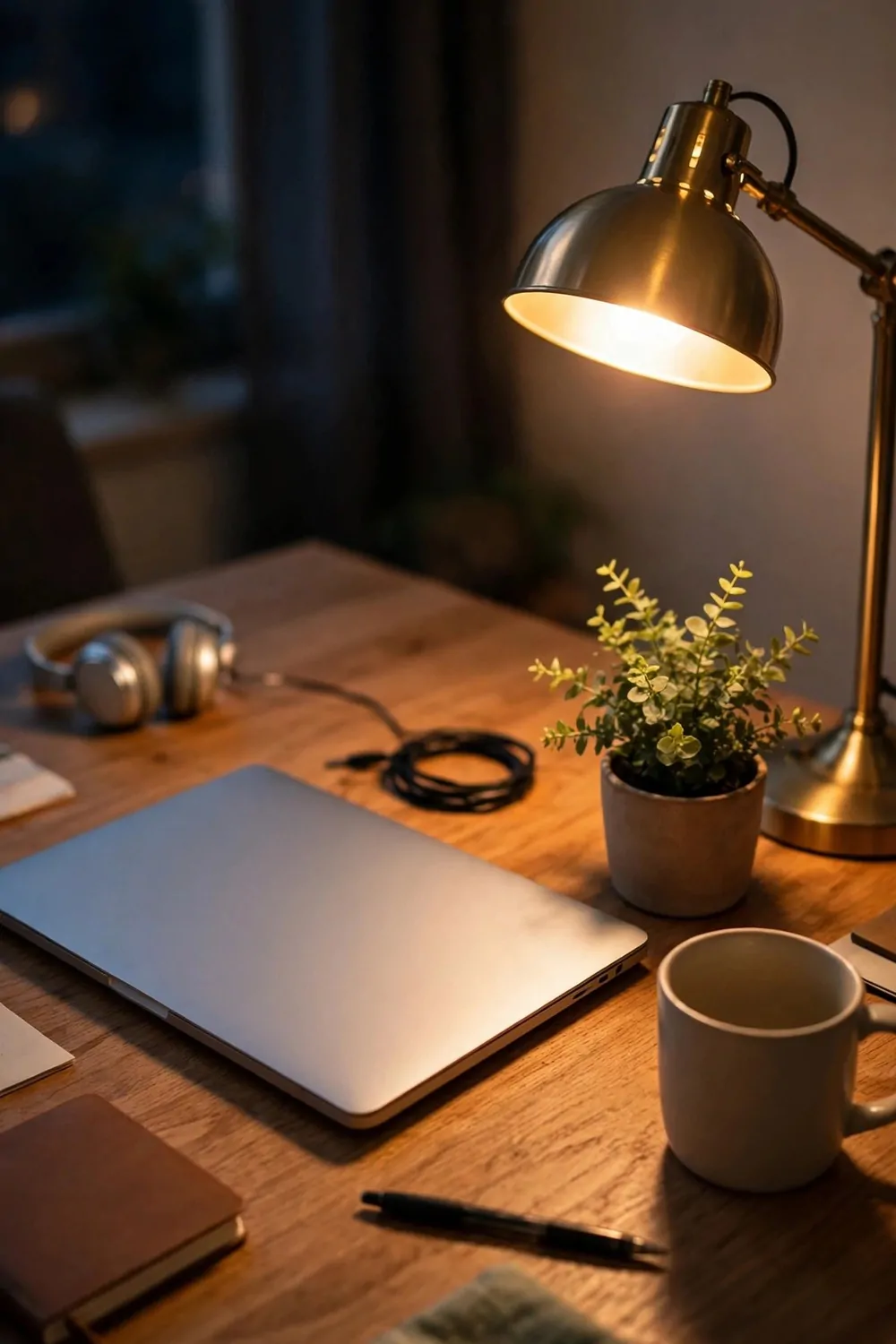 18 Cozy Office Space at Work Ideas That Boost Your Mood 17 A tidy office desk at the end of the workday, closed laptop, warm lamp glowing
