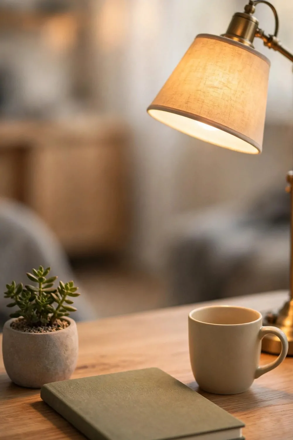18 Cozy Office Space at Work Ideas That Boost Your Mood 18 A calm office desk at work with a notebook and warm lamp, a quiet two-minute pause
