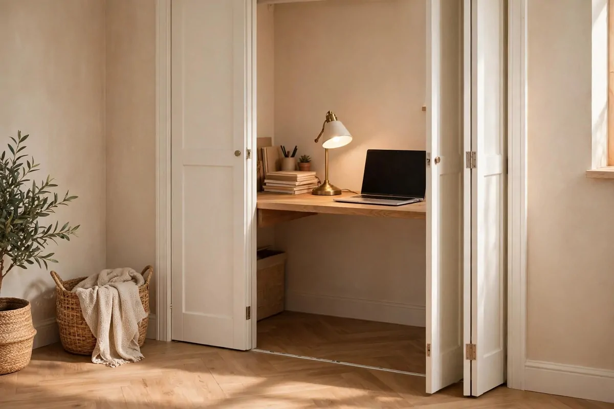 18 Desk in Closet Ideas for a Hidden Workspace 1 A closet desk with white sliding bi-fold doors half open, wooden desk board inside, laptop and small lamp