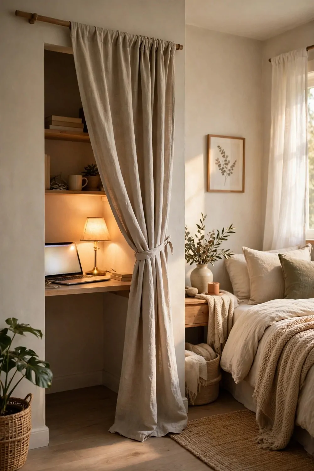 18 Desk in Closet Ideas for a Hidden Workspace 2 A closet desk hidden behind a linen curtain half drawn across the opening, laptop and warm lamp glowing behind it