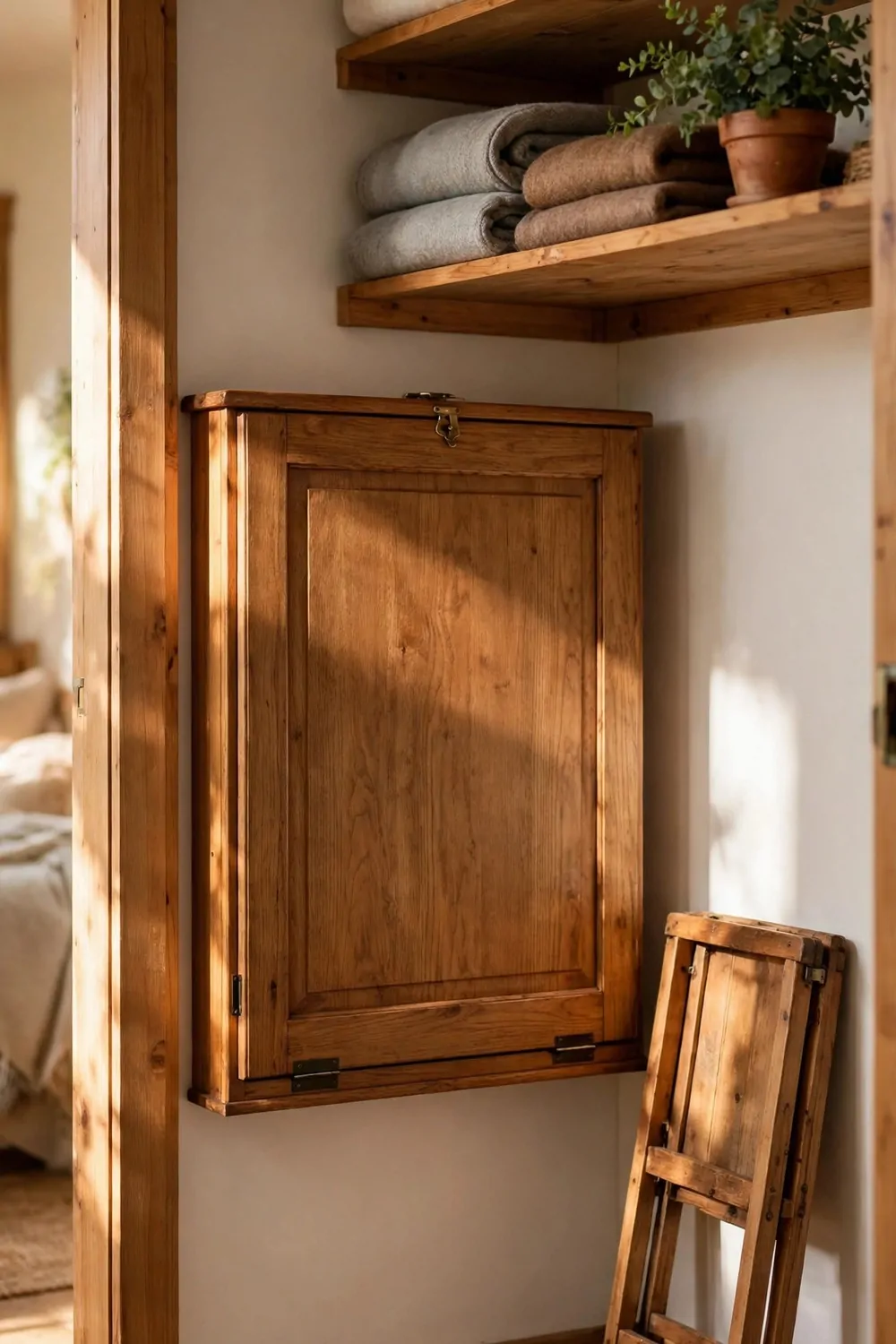 18 Desk in Closet Ideas for a Hidden Workspace 3 A wooden fold-down desk folded flat against the inside wall of a closet, small folding stool leaning beside it