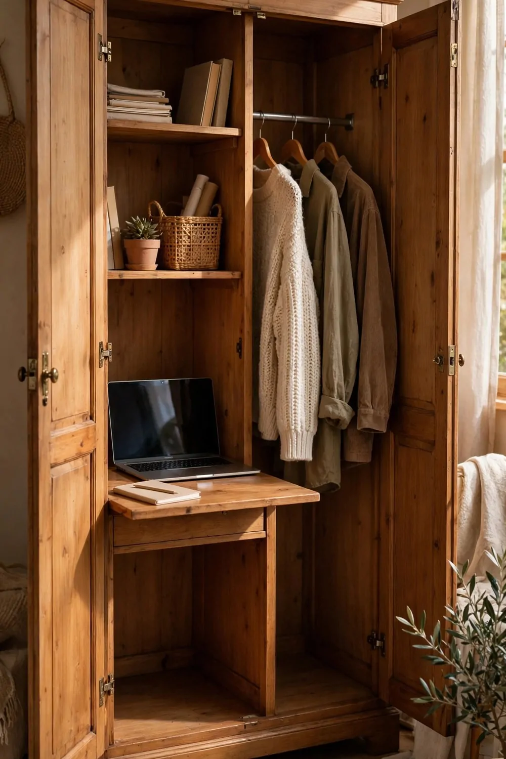18 Desk in Closet Ideas for a Hidden Workspace 4 An armoire-style wardrobe closet with double doors open wide, a wooden desk fitted inside with laptop and shelves, clothes rail on the other side