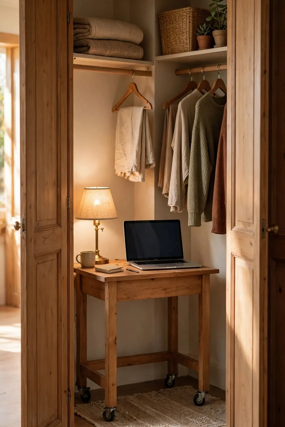 18 Desk in Closet Ideas for a Hidden Workspace 5 A small wooden desk on castor wheels inside a closet, laptop on top, lamp, rug on the floor