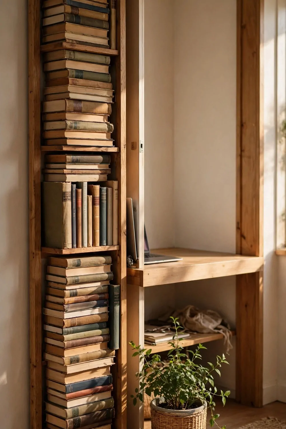 18 Desk in Closet Ideas for a Hidden Workspace 6 A tall narrow bookshelf full of books and a small plant standing in front of a closet desk, laptop peeking out behind the shelf