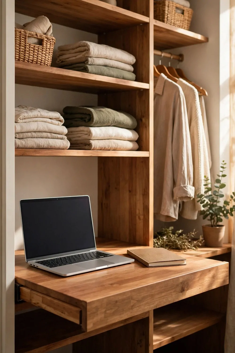 18 Desk in Closet Ideas for a Hidden Workspace 7 A wooden desk board pulled out like a drawer from under a closet shelf, laptop on it, notebook beside