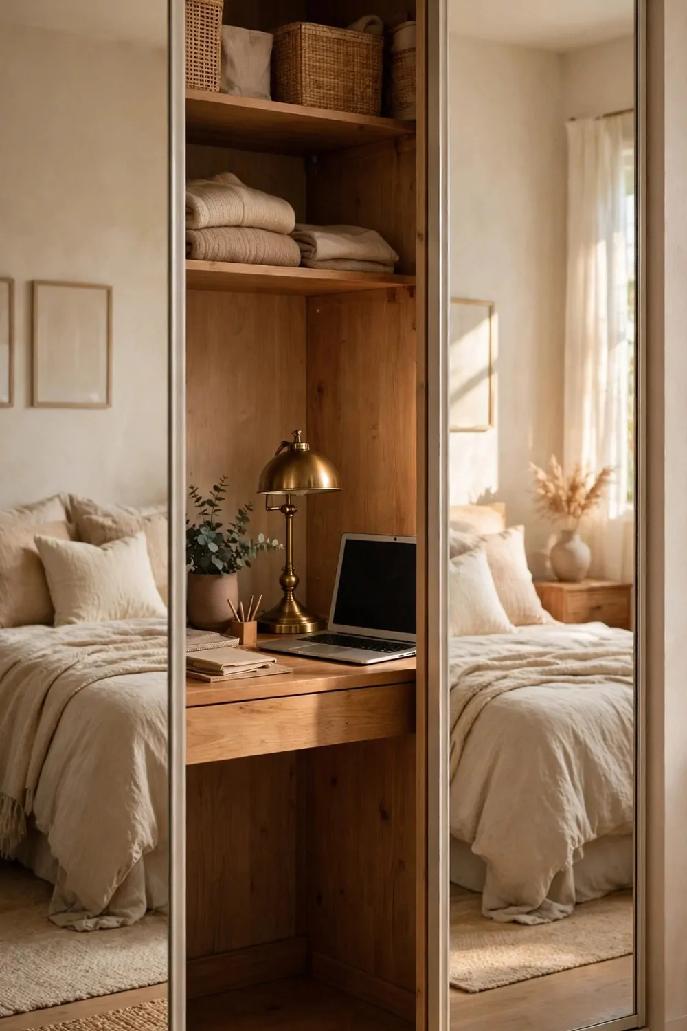 18 Desk in Closet Ideas for a Hidden Workspace 8 A closet with mirrored sliding doors half open, a wooden desk with laptop and brass lamp inside
