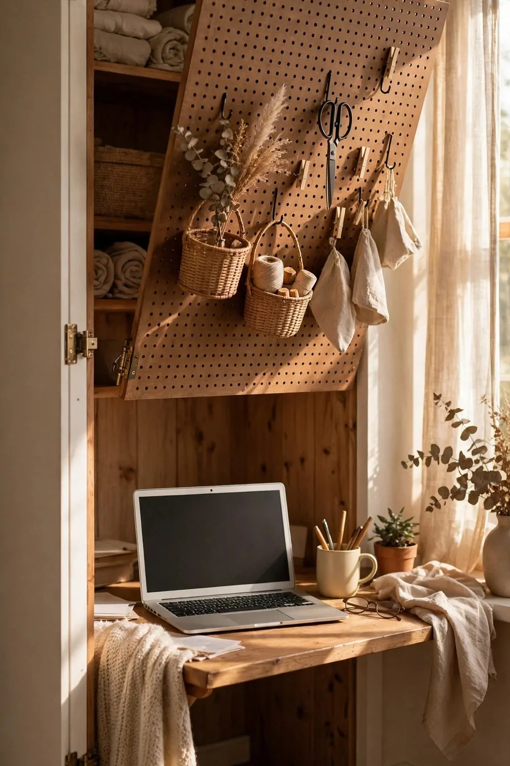 18 Desk in Closet Ideas for a Hidden Workspace 9 A pegboard panel swung open on hinges over a closet desk, hooks holding scissors and small baskets, laptop below