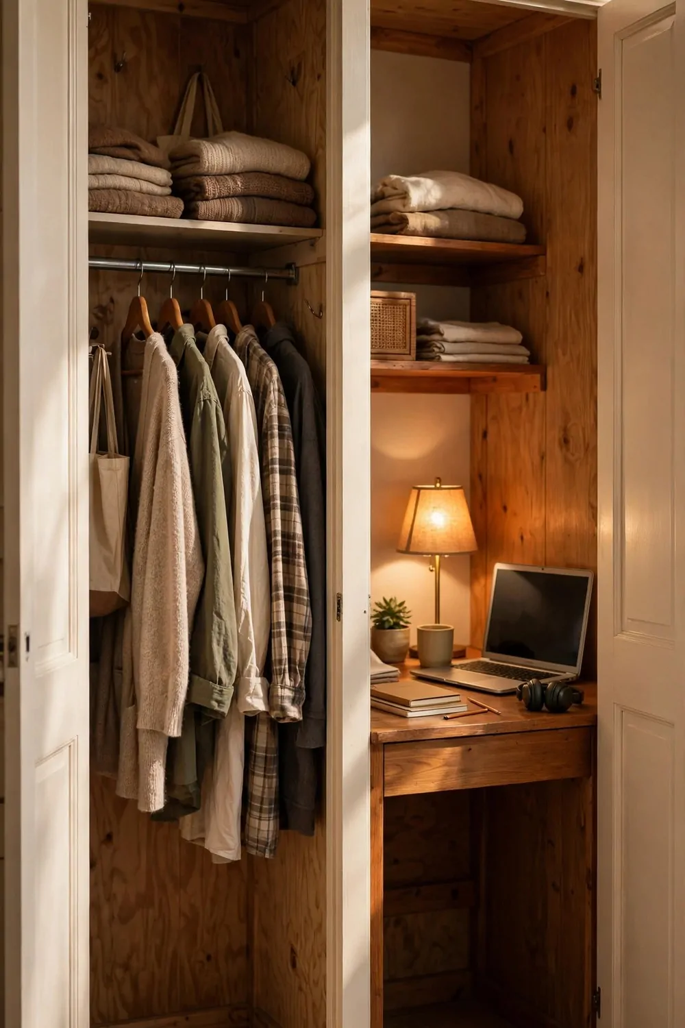 18 Desk in Closet Ideas for a Hidden Workspace 10 A double-door closet split in two, clothes hanging on the left side, a wooden desk with laptop and lamp on the right side