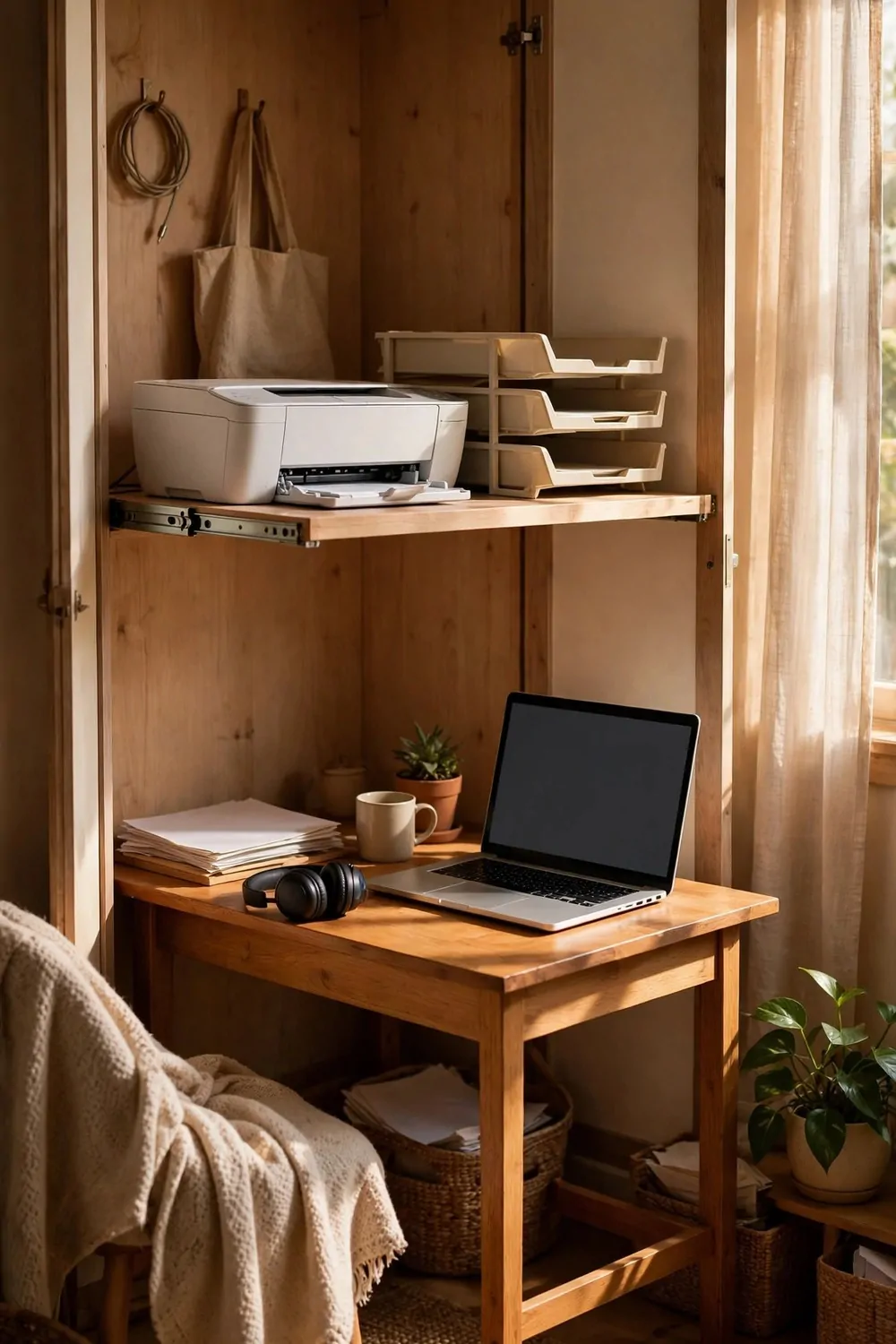 18 Desk in Closet Ideas for a Hidden Workspace 11 A printer on a pull-out shelf inside a closet, paper trays stacked beside it, a small desk with laptop nearby
