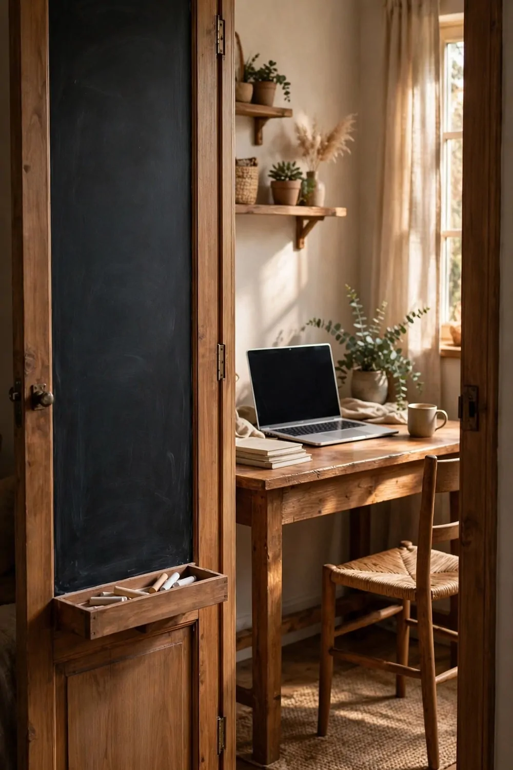 18 Desk in Closet Ideas for a Hidden Workspace 12 A chalkboard panel painted on the inside of a closet door, a wooden desk with laptop behind the open door