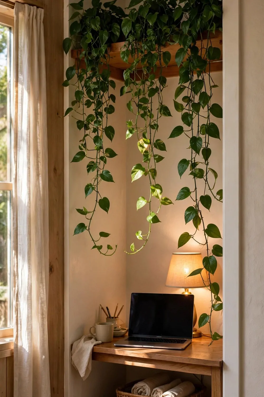 18 Desk in Closet Ideas for a Hidden Workspace 13 A closet desk screened by trailing green plants hanging from a top shelf, laptop and warm lamp glowing behind the leaves
