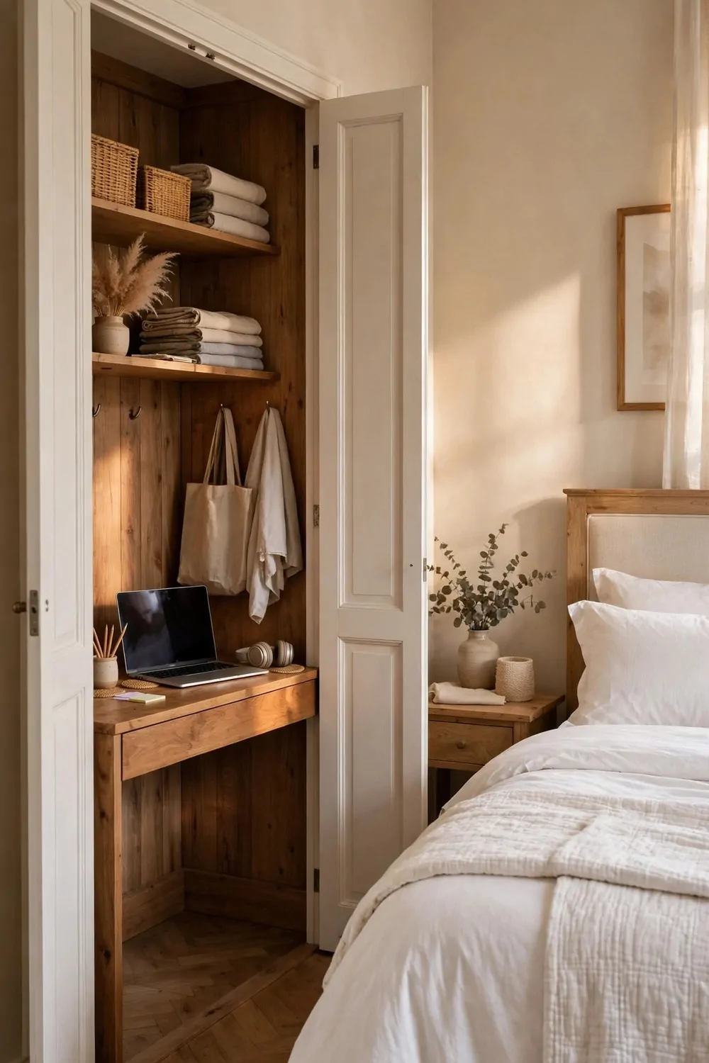 18 Desk in Closet Ideas for a Hidden Workspace 14 A guest bedroom closet with a hidden wooden desk inside, laptop on the desk, a made bed with white bedding beside it