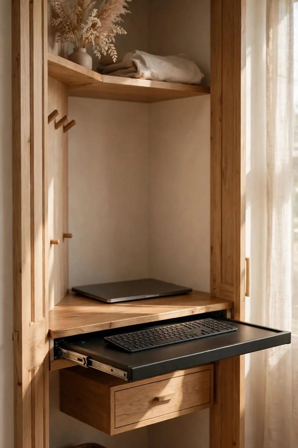 18 Desk in Closet Ideas for a Hidden Workspace 15 A closet desk with a keyboard tray slid out under the desk board, a closed laptop at the back of the desk