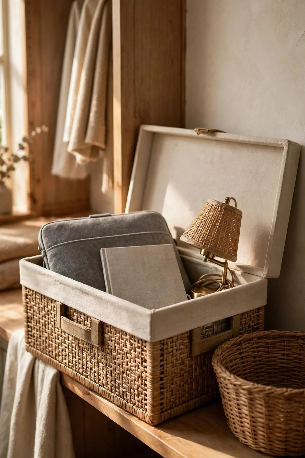 18 Desk in Closet Ideas for a Hidden Workspace 16 A sturdy storage box with a lid on a closet shelf, holding a grey laptop sleeve, a plain notebook and a small lamp
