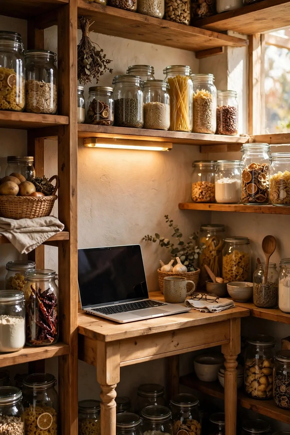 18 Desk in Closet Ideas for a Hidden Workspace 17 A pantry closet with a small wooden desk fitted among food shelves and glass jars, laptop on the desk, warm light glowing under the shelf