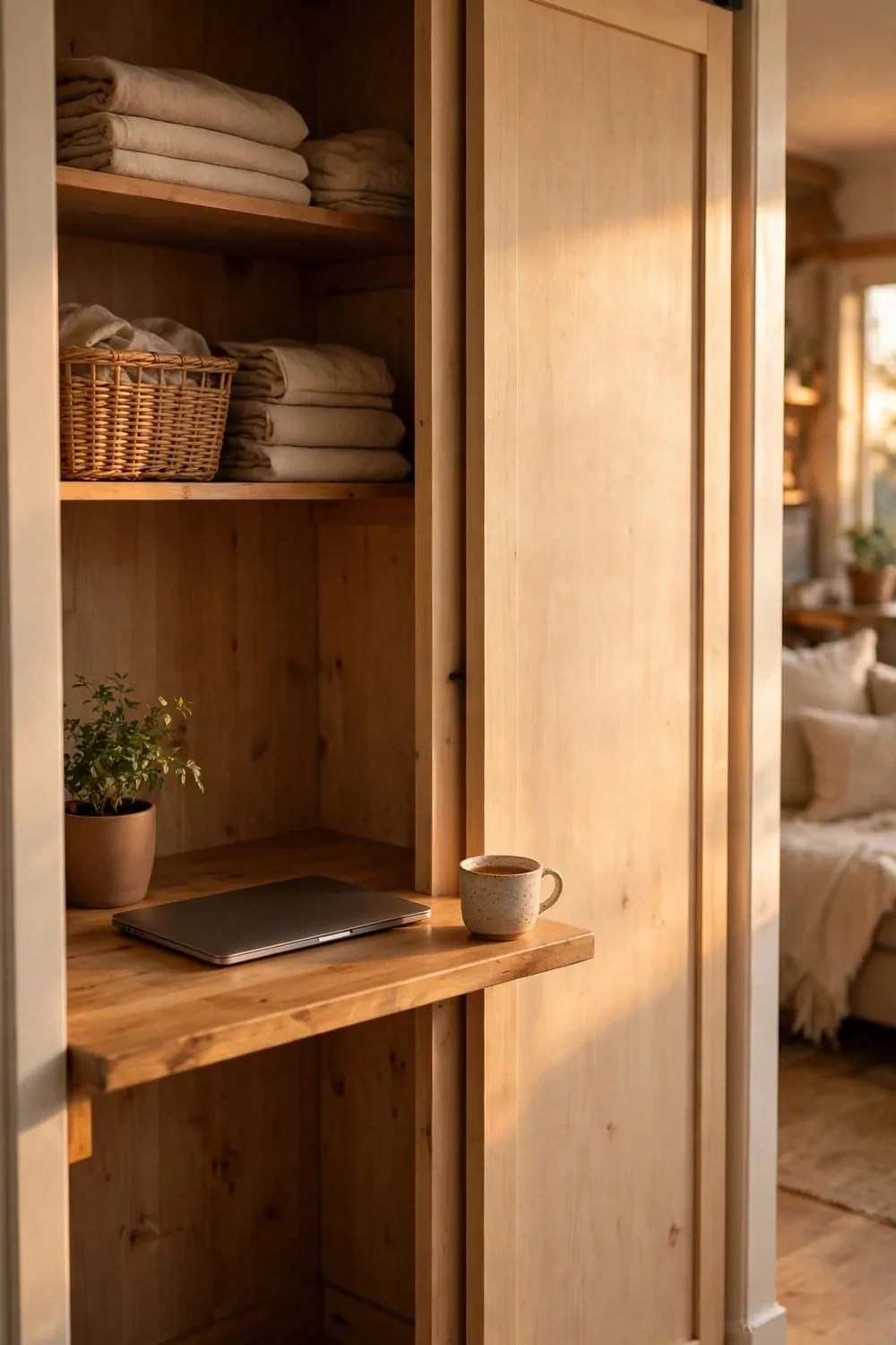 18 Desk in Closet Ideas for a Hidden Workspace 18 A tidy closet office with a cleared desk, closed laptop, small plant, closet doors sliding shut, a cup of tea on the desk