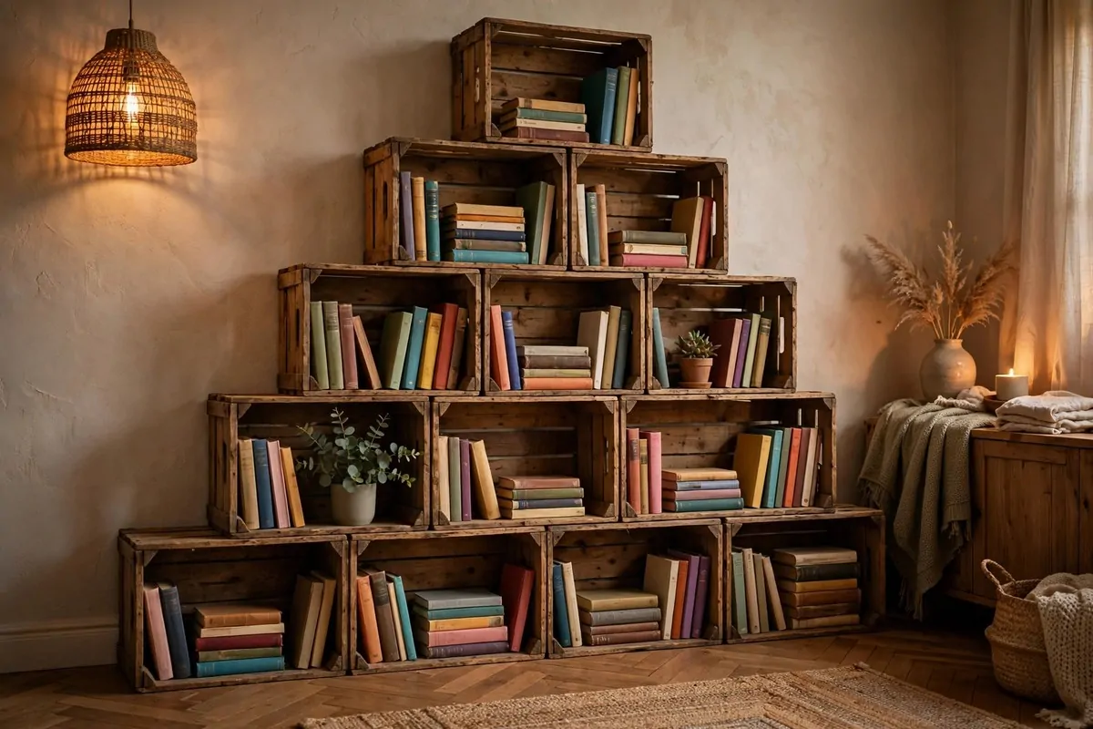 Wooden crates stacked and screwed together forming a rustic bookcase wall full of books