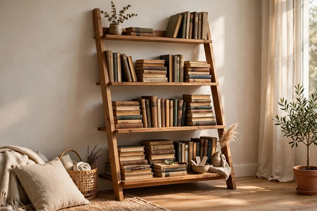 Wooden lean-to ladder shelf against a wall with books on deepening shelves